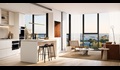 CGI of a Merchant Apartment kitchen living with sea view