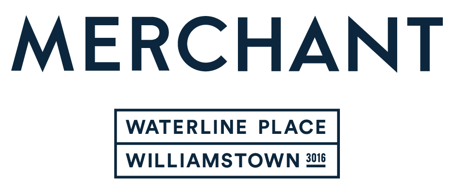 Dark blue logo for Merchant Apartments at Waterline Place by AVJennings, located in Williamstown, VIC 3016. 